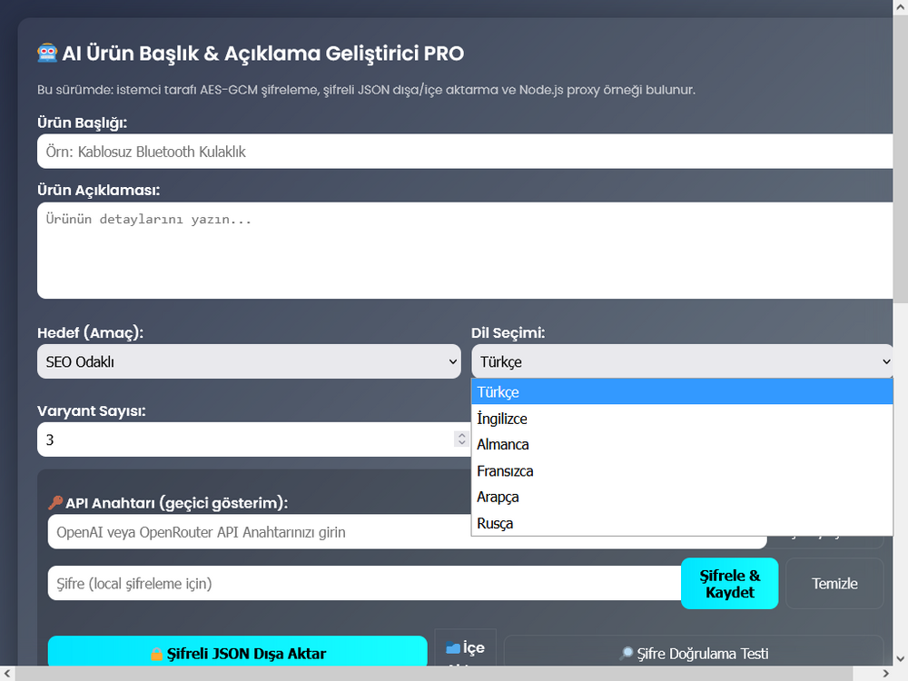 AI Ürün Başlık & Açıklama Geliştirici PRO