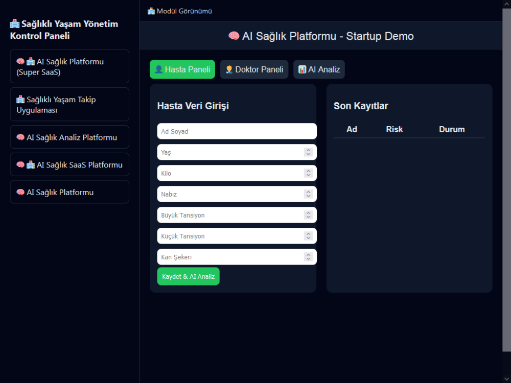 Sağlık Platformu Yönetim Kontrol Paneli