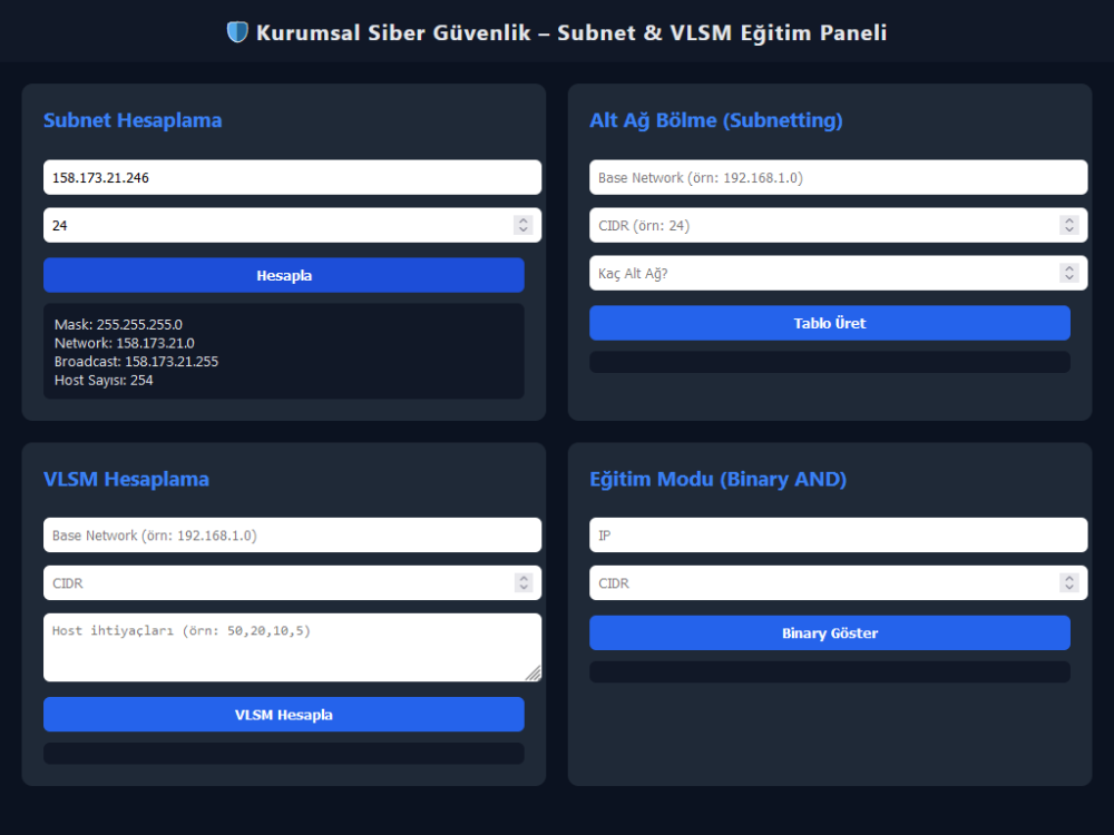 Kurumsal Siber Güvenlik Subnet & VLSM Eğitim Paneli