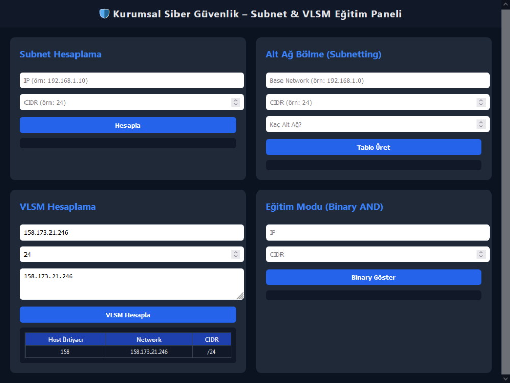 Kurumsal Siber Güvenlik Subnet & VLSM Eğitim Paneli