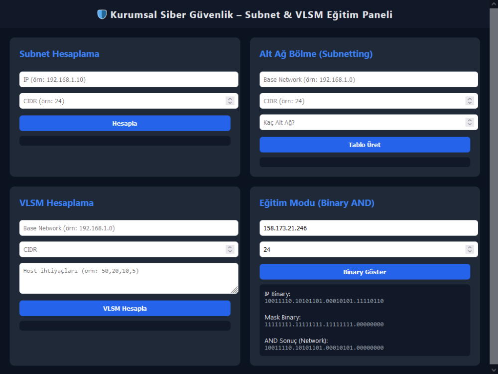 Kurumsal Siber Güvenlik Subnet & VLSM Eğitim Paneli