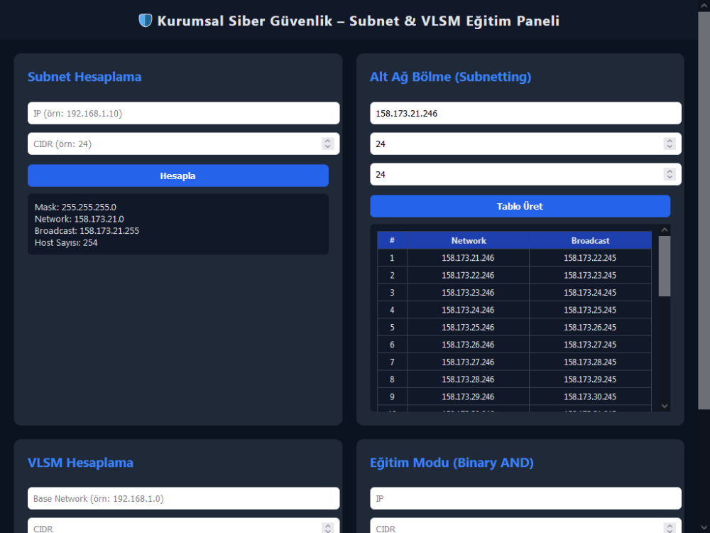 Kurumsal Siber Güvenlik Subnet & VLSM Eğitim Paneli