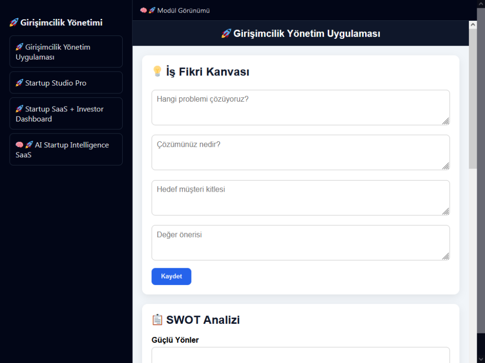 Girişimcilik Yönetim Kontrol Paneli