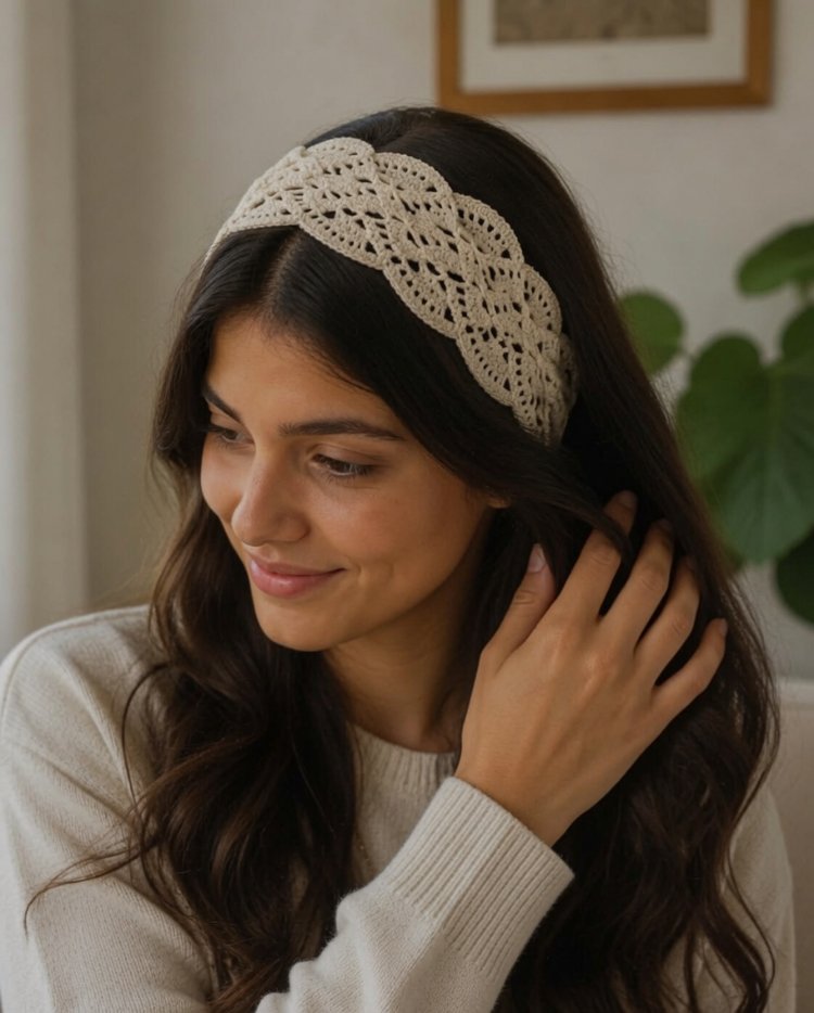 Pamuk ipten el örgüsü saç bandı