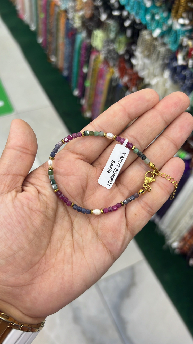 Yakut safir zümrüt inci taşlı bileklik