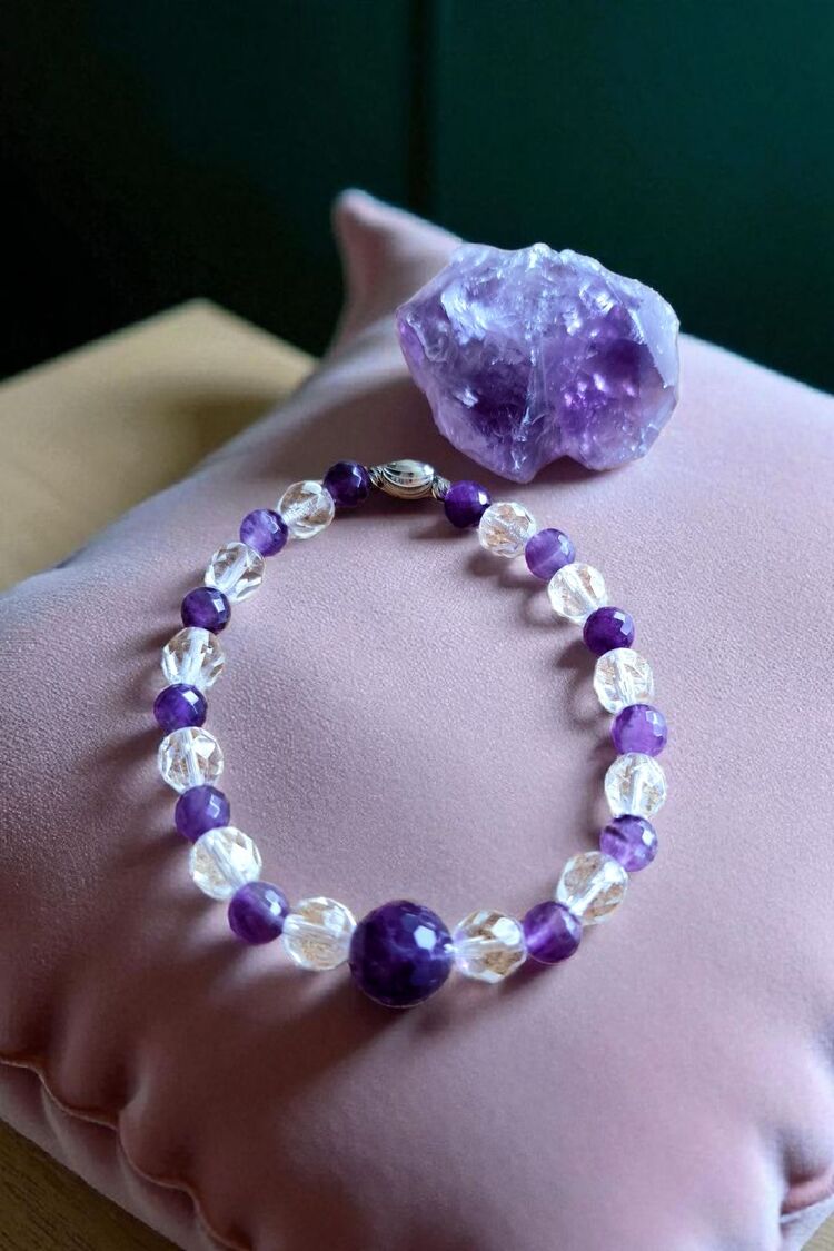 Faset Kesim A Kalite Amethyst & Crystal Quartz  Bileklik 