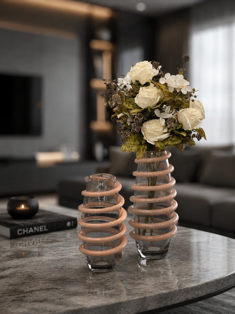 2 Lİ HANDMADE SARMAL DETAYLI ARAJMAN ÇİÇEKLİ VAZO SETİ