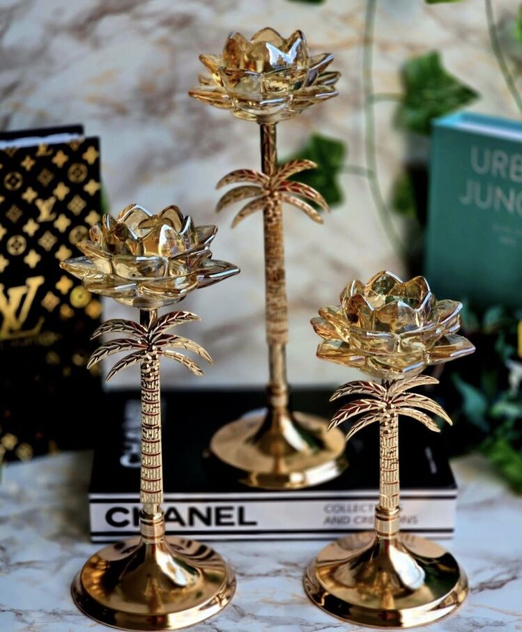 GOLD PALMİYE 3 LÜ ŞAMDAN MUMLUK