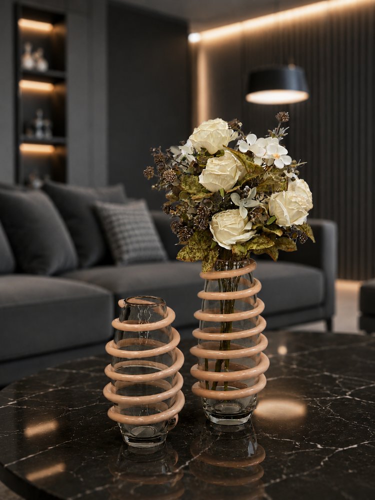 2 Lİ HANDMADE SARMAL DETAYLI ARAJMAN ÇİÇEKLİ VAZO SETİ