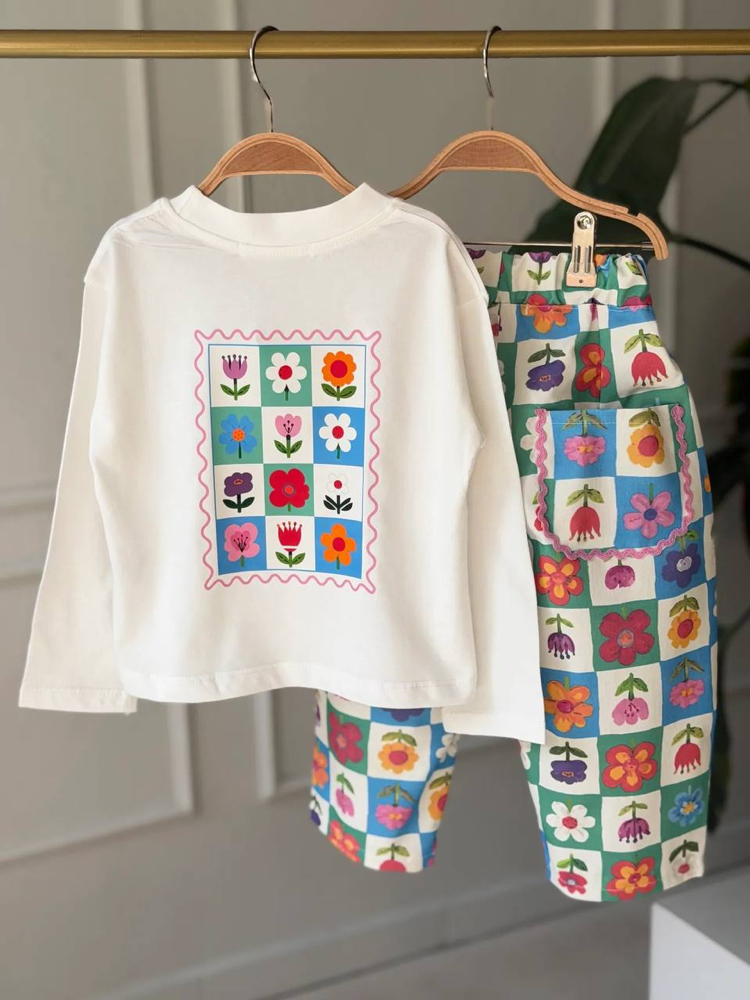 Çiçekli Gabardin Pantolonlu Takım