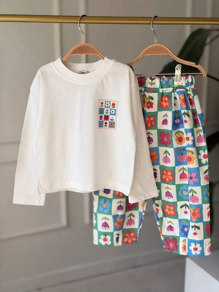 Çiçekli Gabardin Pantolonlu Takım