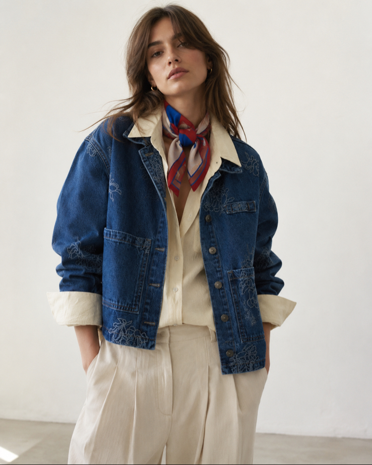 Çiçek Nakışlı Denim Ceket