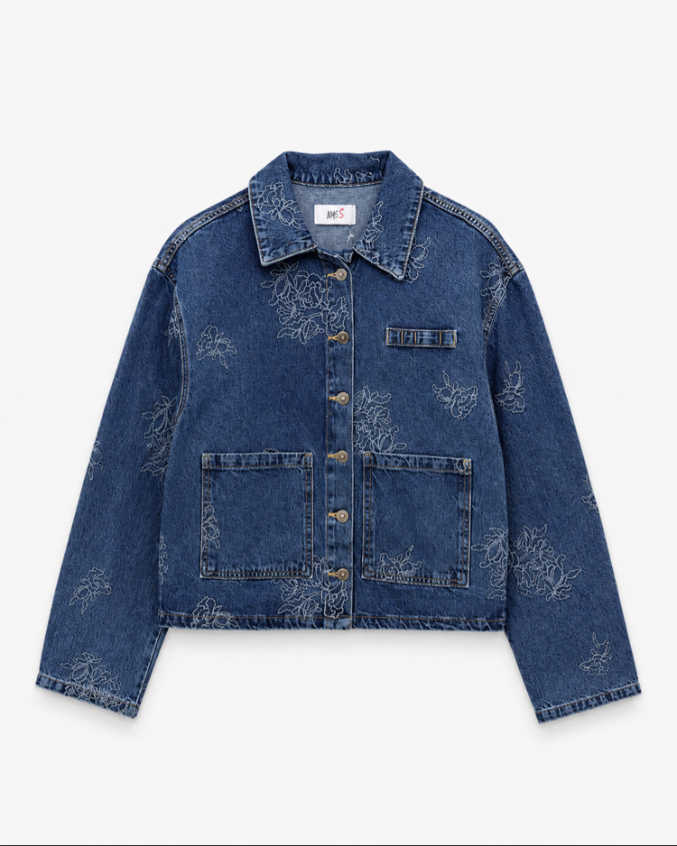 Çiçek Nakışlı Denim Ceket