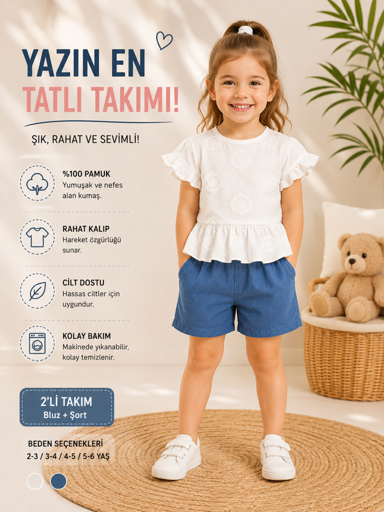 Beyaz Kendinden Kabartma Desenli Gömlek Şort Takım