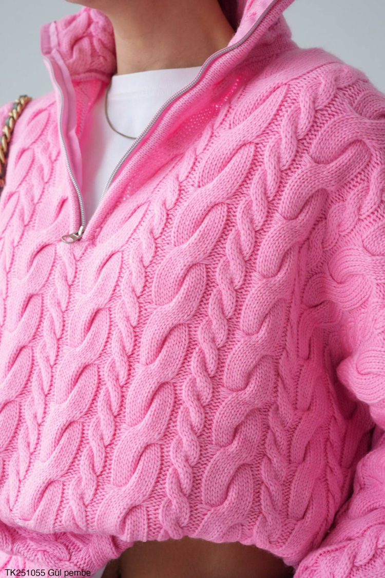 Pembe Örgü Triko Kazak