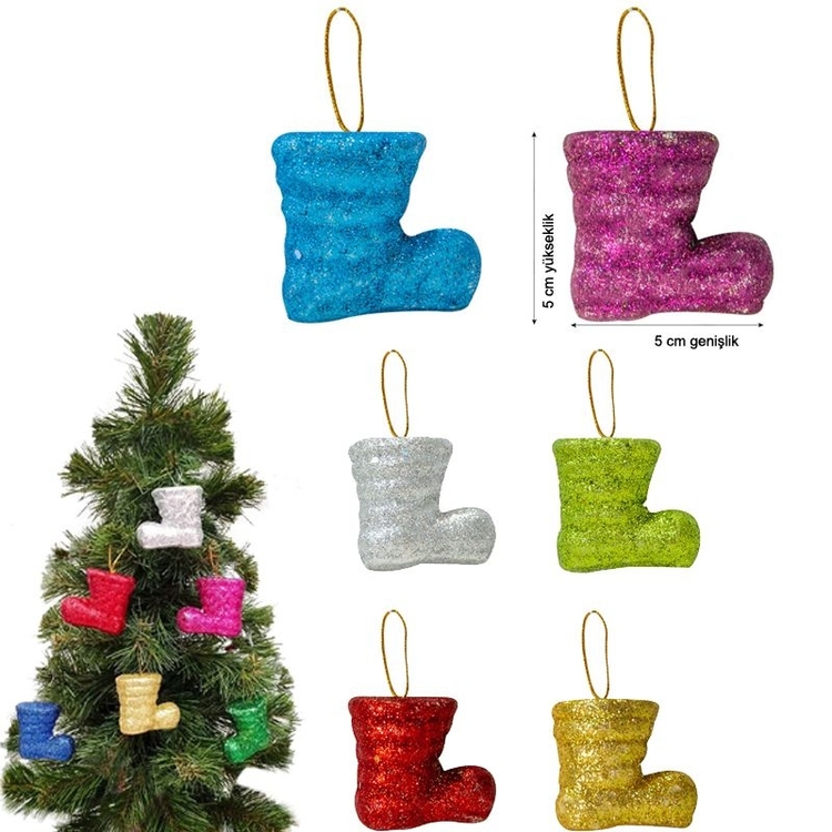 Simli Karışık Renk 6 Adet Yılbaşı Ağacı Noel Baba Çizmesi Süsü 5 cm