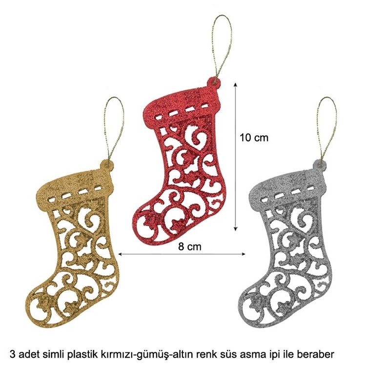 Simli Plastik 3 Renk Yılbaşı Çam Ağacı Süsü Noel Baba Çizmesi Modeli 3 Adet