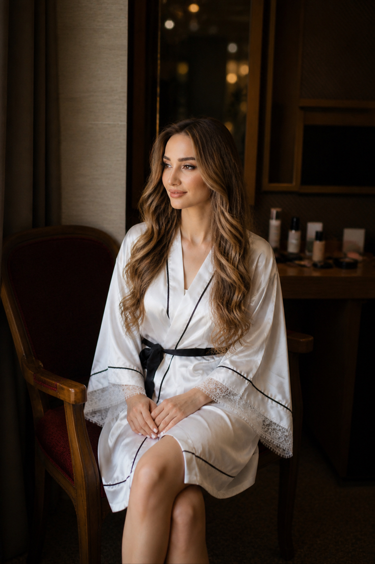Kimono Biyeli Dantelli Sabahlık | 90 cm