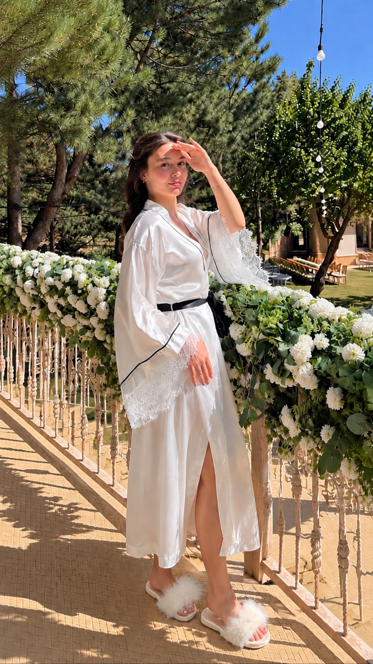 Kimono Kol Biyeli Dantelli Sabahlık | 120 cm