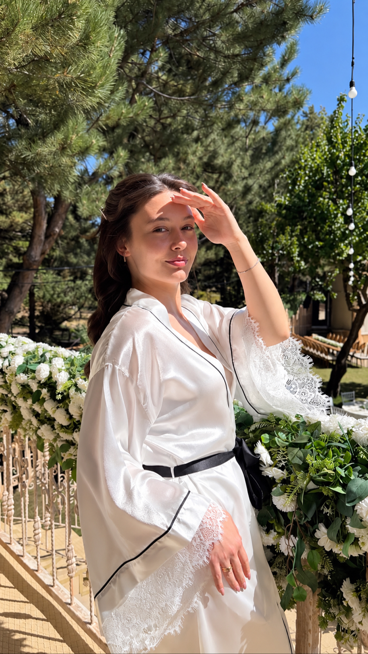 Kimono Kol Biyeli Dantelli Sabahlık | 120 cm