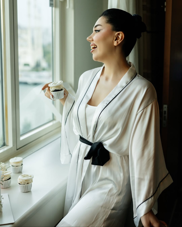 Kimono Siyah Biyeli Sabahlık | 90 cm
