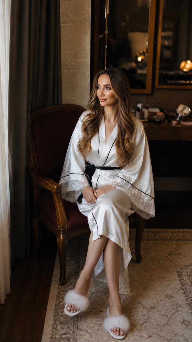 Kimono Kol Biyeli Dantelli Sabahlık | 120 cm