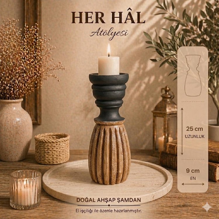 Noir 01 / 2'li Ahşap eskitme Şamdan/ Dekoratif obje