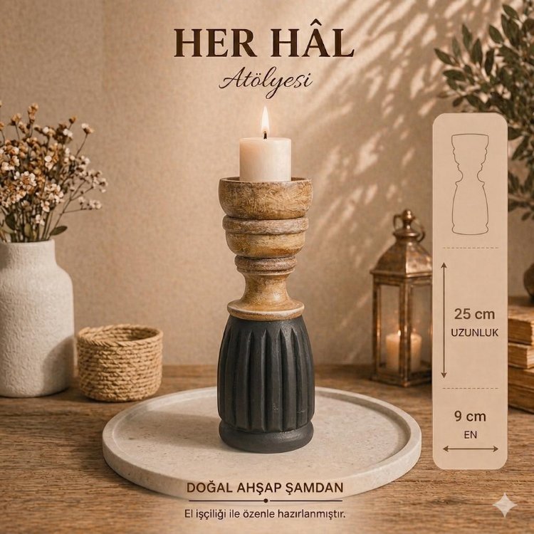 Noir 02 / 2'li Ahşap eskitme Şamdan/ Dekoratif obje