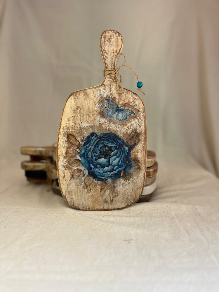 Blue Rose Desenli Dekoratif Sunum Tahtası