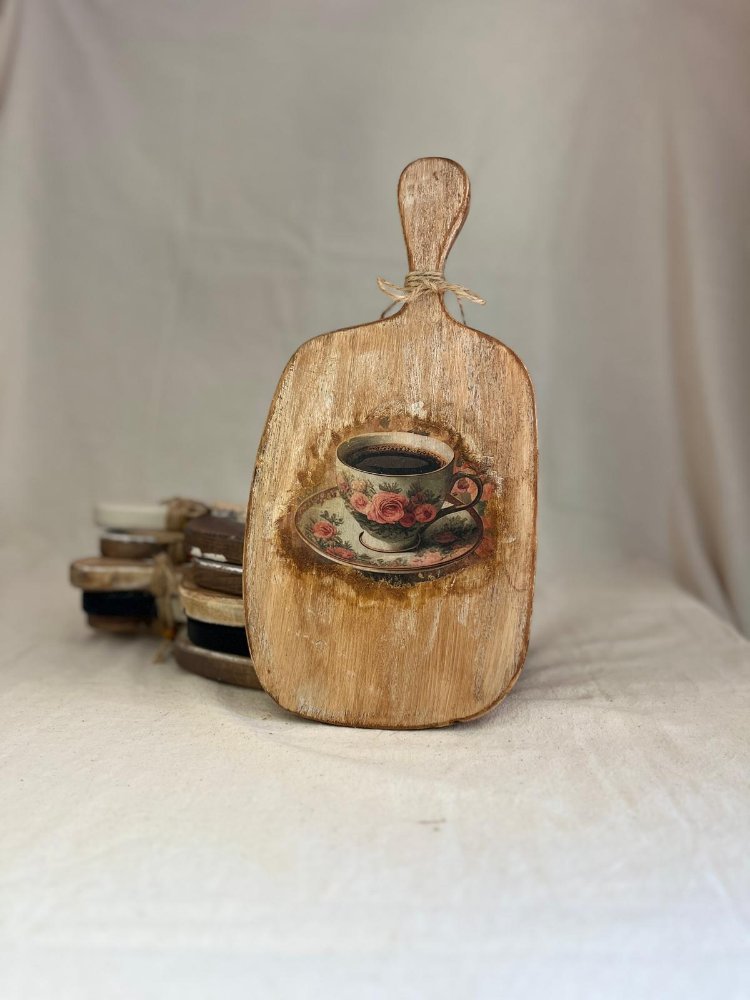 Coffie Temalı Dekoratif Desenli Sunum Tahtası