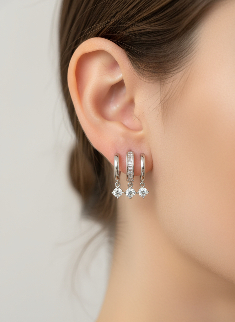 3lü görünümlü Taşlı Silver Küpe