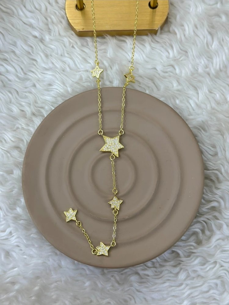 Gold Işıltılı Yıldızlı Y Kolye