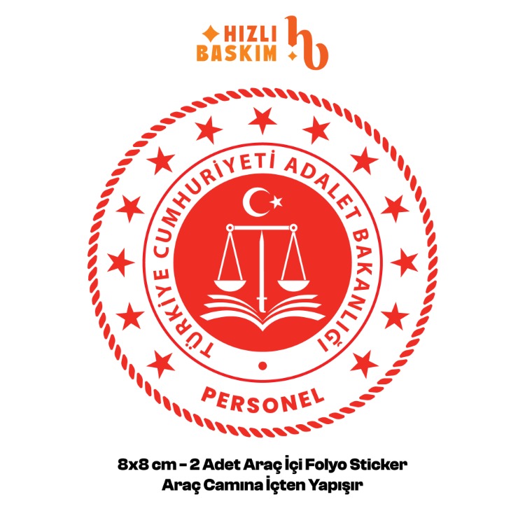 Adalet Bakanlığı-Personel Logo 8x8 cm 2 Adet | Araç Ön Cam Sticker Cama İçten Yapışır