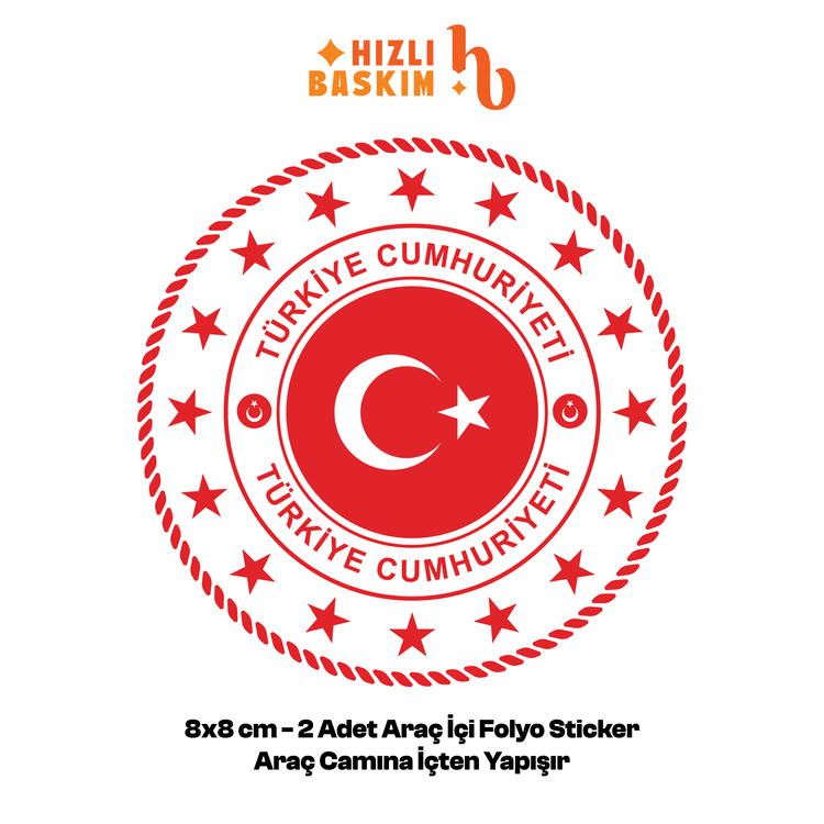 Türkiye Cumhuriyeti Logo 8x8 cm 2 Adet | Araç Ön Cam Sticker Cama İçten Yapışır
