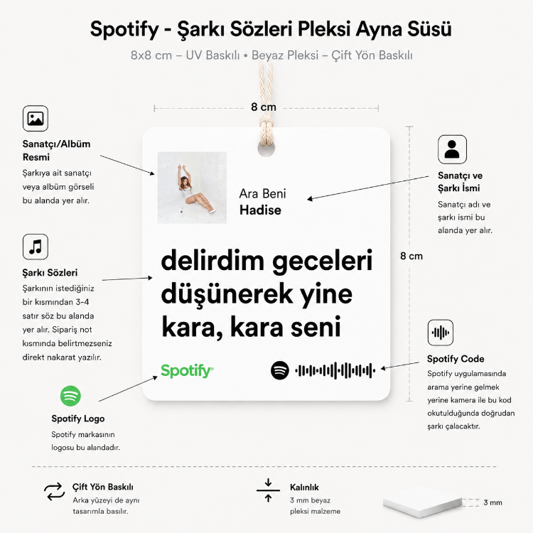 Kişiye Özel Spotify Şarkı Sözleri Pleksi Ayna Süsü | 8x8 cm | Çift Yön UV Baskı