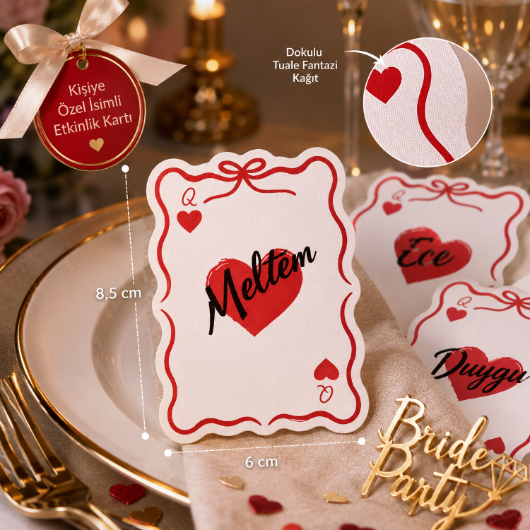 25 Adet Kişiye Özel İsimli İskambil Queen Kartı 6x8,5 cm | Bride Bachelorette Etkinlik Kartı