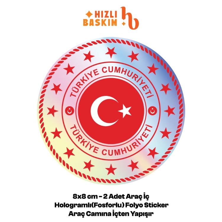 Hologramlı Türkiye Cumhuriyeti Logo 8x8 cm 2 Adet | Araç Ön Cam Sticker Cama İçten Yapışır