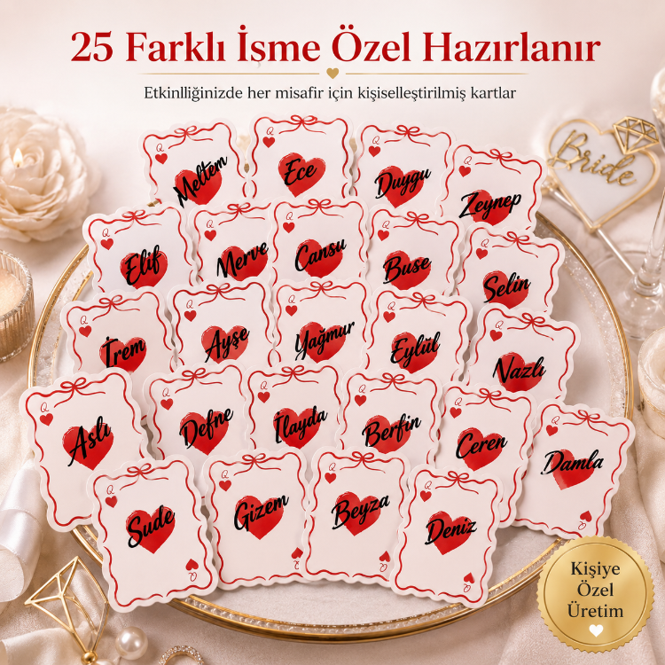 25 Adet Kişiye Özel İsimli İskambil Queen Kartı 6x8,5 cm | Bride Bachelorette Etkinlik Kartı