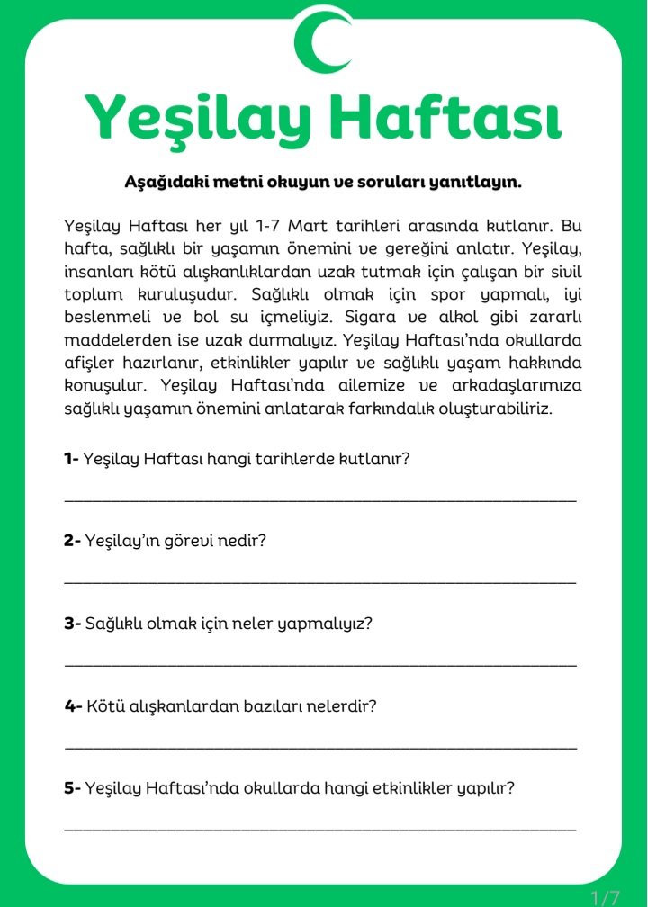 Belirli gün ve Haftalar Okuma Anlama 4.sınıf
