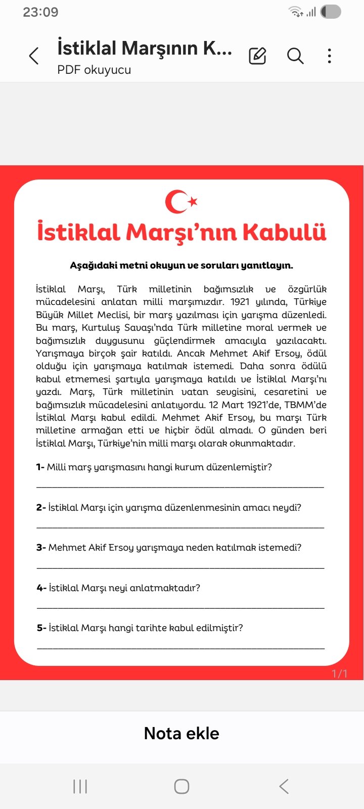 Belirli gün ve Haftalar Okuma Anlama 4.sınıf