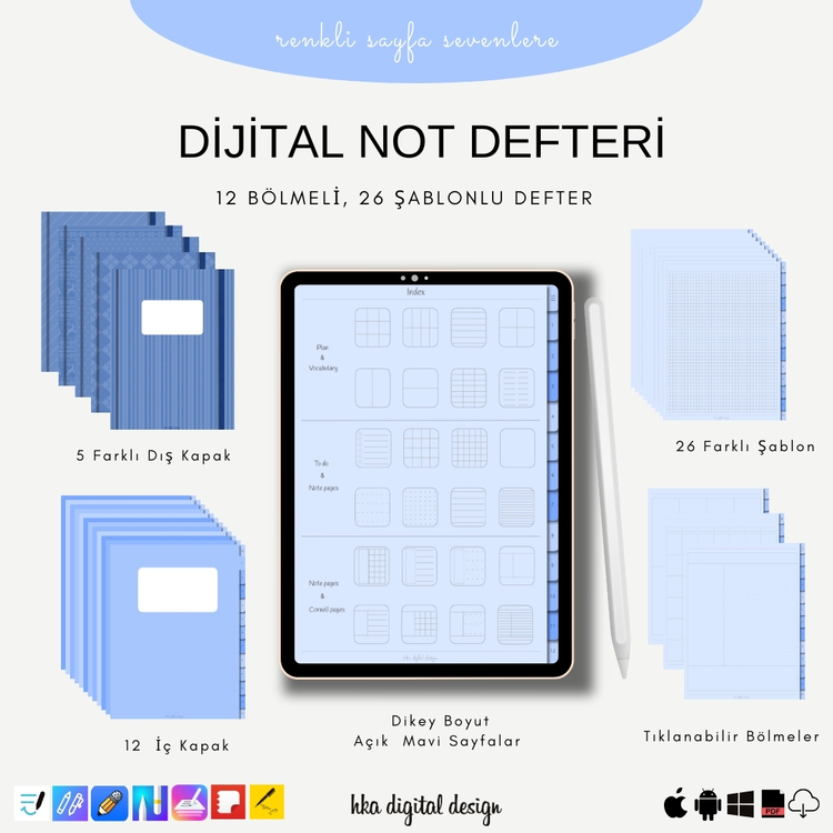 12 Bölmeli 26 Şablonlu Mavi Sayfalı Defter