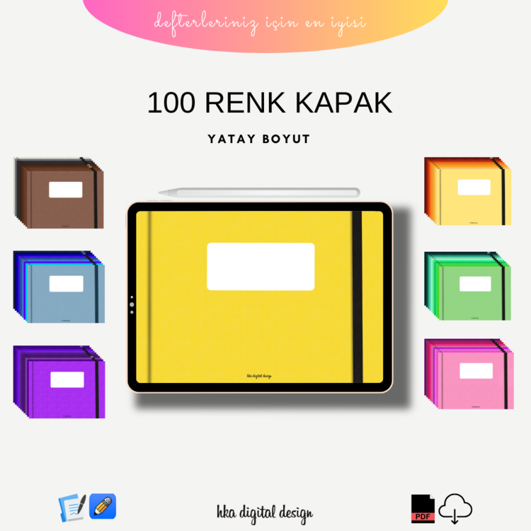 100 Farklı Renkte Defter Kapağı, Yatay Boyut