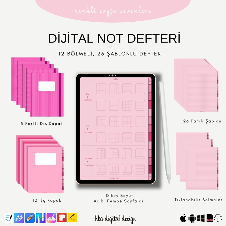 12 Bölmeli 26 Şablonlu Pembe Sayfalı Defter