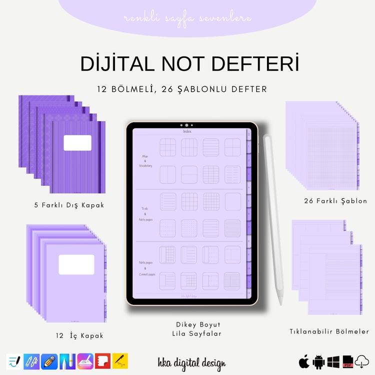 12 Bölmeli 26 Şablonlu Lila Sayfalı Defter