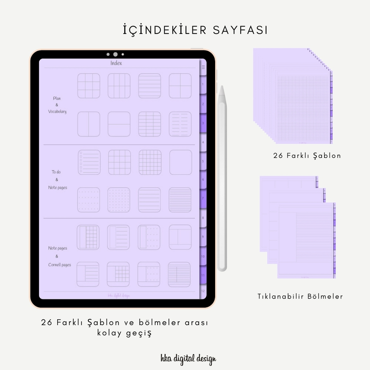 12 Bölmeli 26 Şablonlu Lila Sayfalı Defter