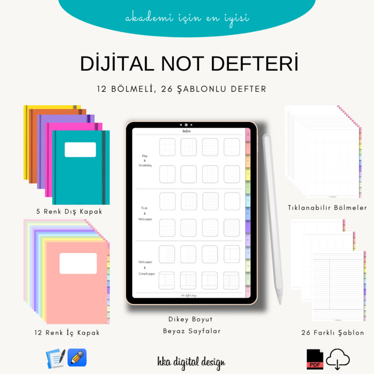 12 Bölmeli 24 Şablonlu Beyaz Sayfalı Defter