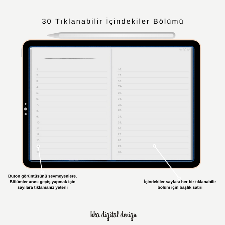 30 Tıklanabilir Bölmeli Beyaz Sayfalı Noktalı Defter