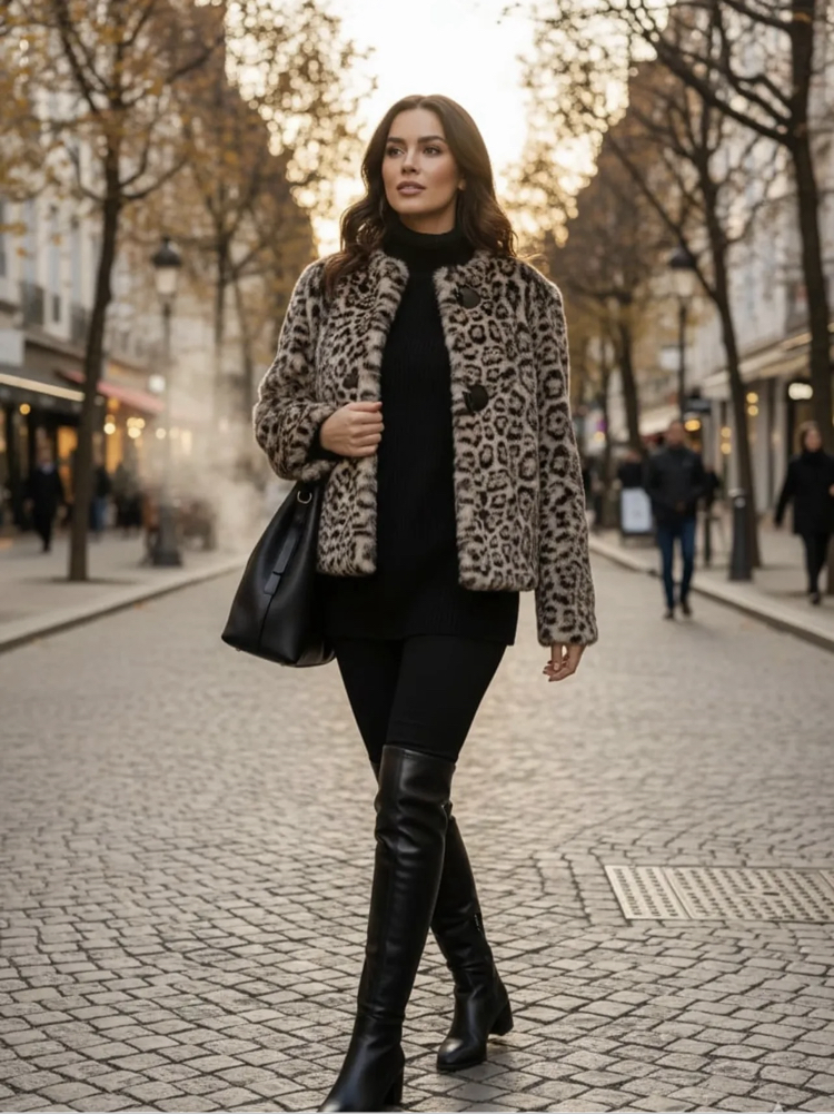 Leopar kısa mont