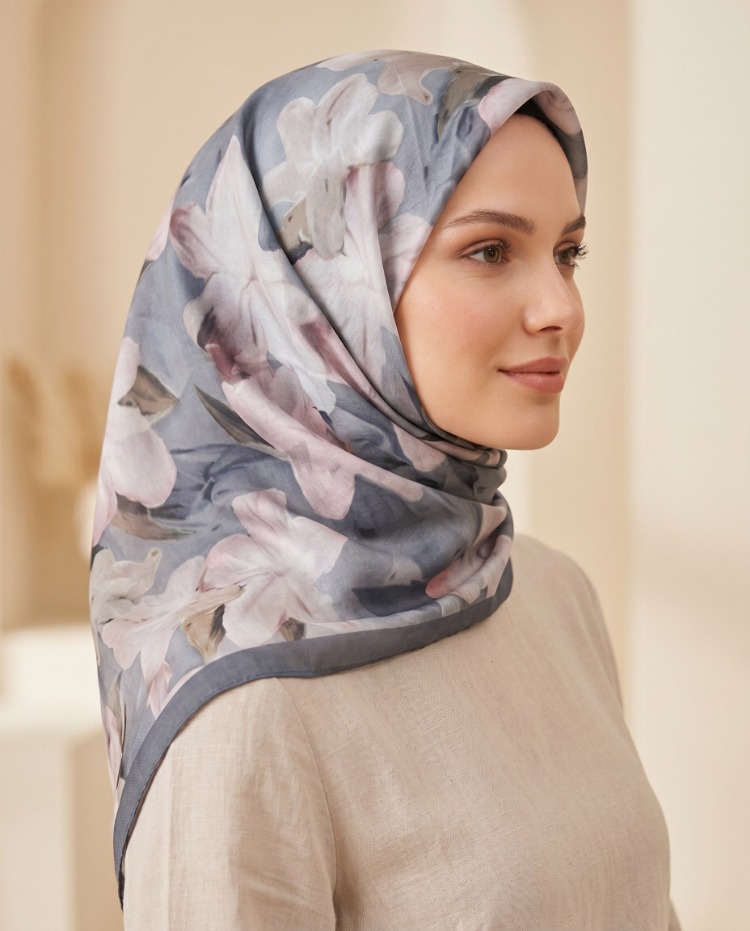 FRESH PAMUK ZAMBAK DESEN GRİ EŞARP