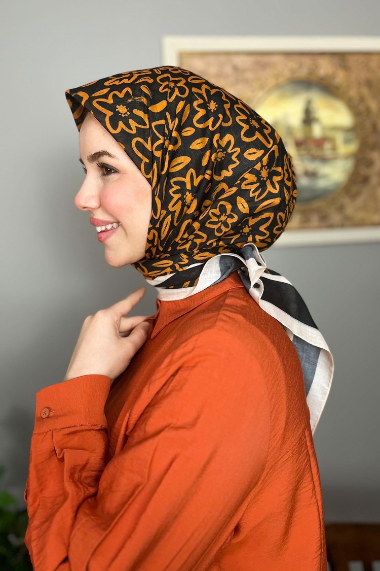 FRESH PAMUK SİYAH-TURUNCU SADE ÇİÇEK DESEN EŞARP